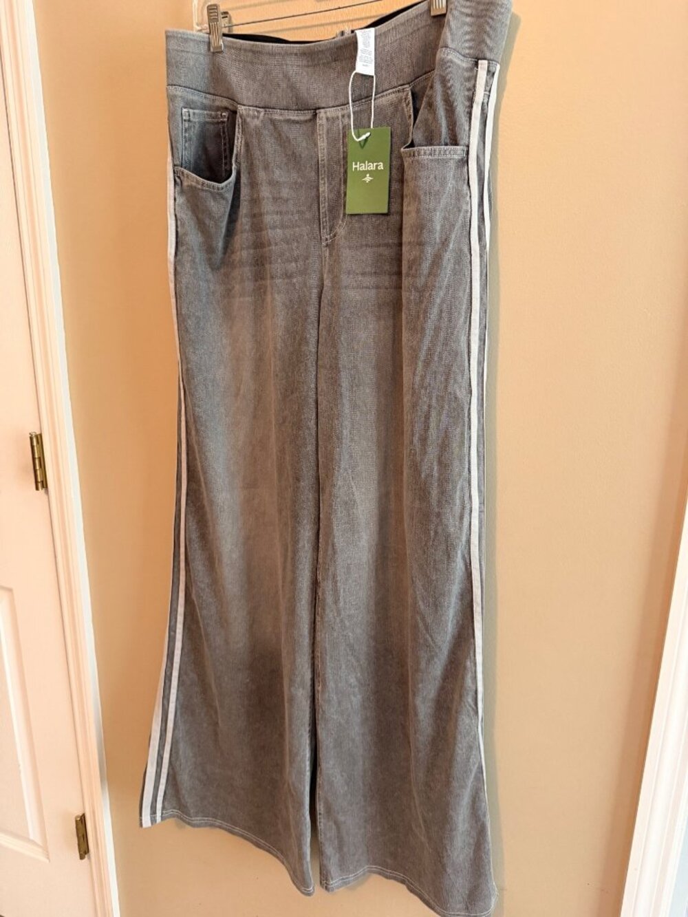 Halara XL Wide-Leg Gray Pants With Side Stripe - Womens Casual Stretch Denim Si - Picture 7 of 12